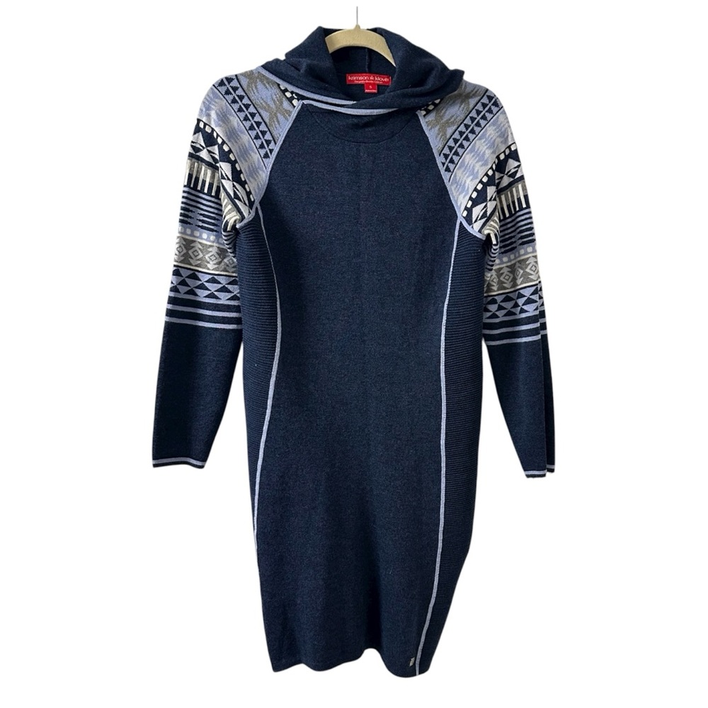 Krimson Klover Navy Gray Patterned Hooded Merino Wool Sweater Dress size Small